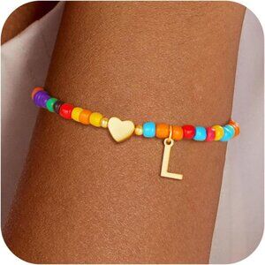 Personalized Colorful Initial Bracelet with Heart - 6" Stretchy Beaded Charm